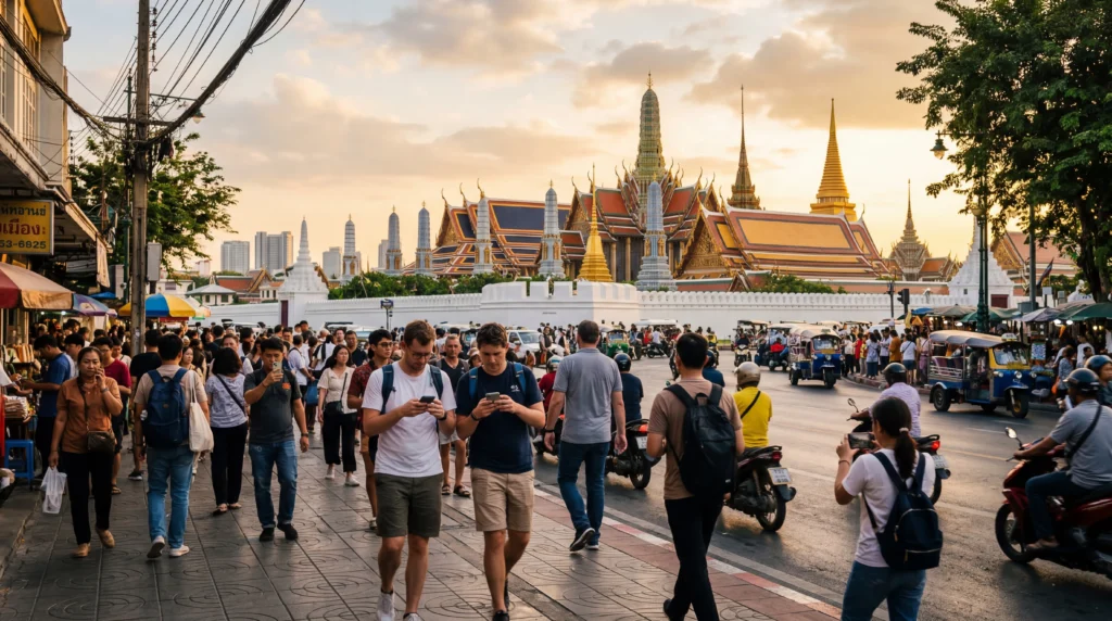 tourists using smartphones with esim mobile internet in bangkok thailand near grand palace