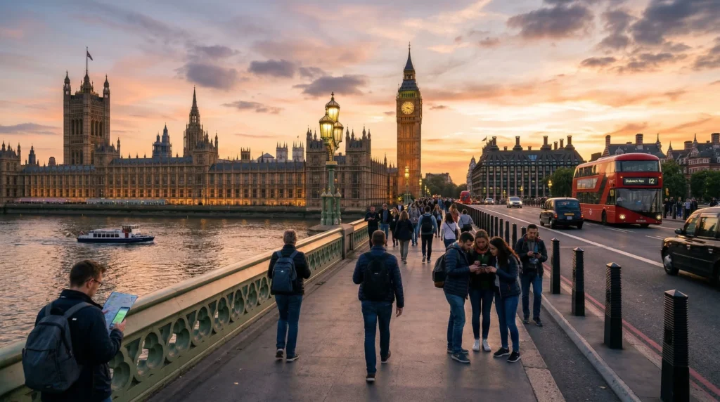 tourists using smartphones with esim mobile internet near big ben in london