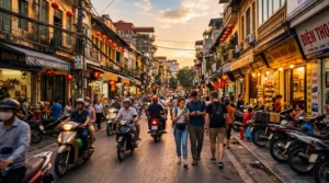 tourists using smartphones with esim mobile internet in hanoi vietnam old quarter