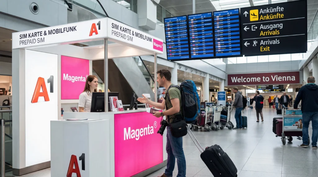 Tourist buying prepaid SIM card at telecom store inside Vienna International Airport arrivals hall.