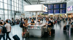 tourists buying prepaid sim card for europe travel at airport store