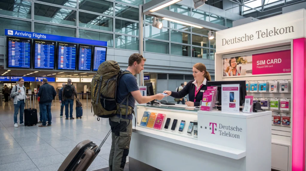 Tourist buying prepaid SIM card at telecom store inside Frankfurt Airport arrivals hall in Germany.