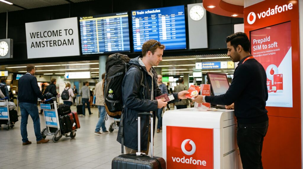 Tourist buying prepaid SIM card at telecom store inside Amsterdam Airport Schiphol arrivals hall.