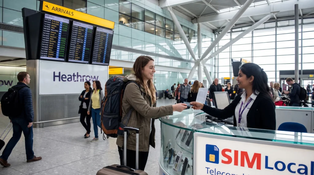 Tourist buying prepaid SIM card at telecom store inside Heathrow Airport arrivals hall in London United Kingdom.