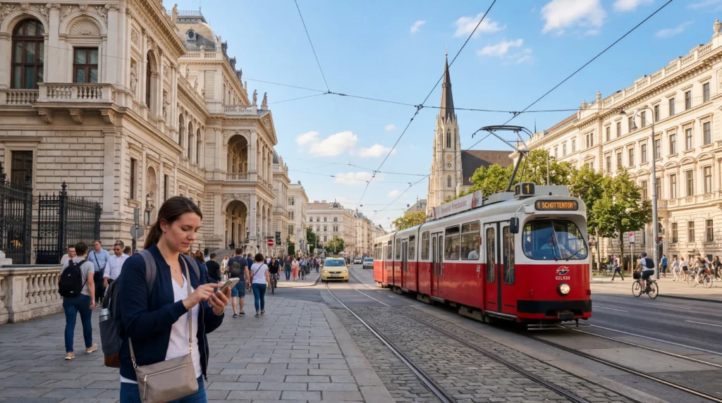 tourist using mobile internet esim in vienna austria city center