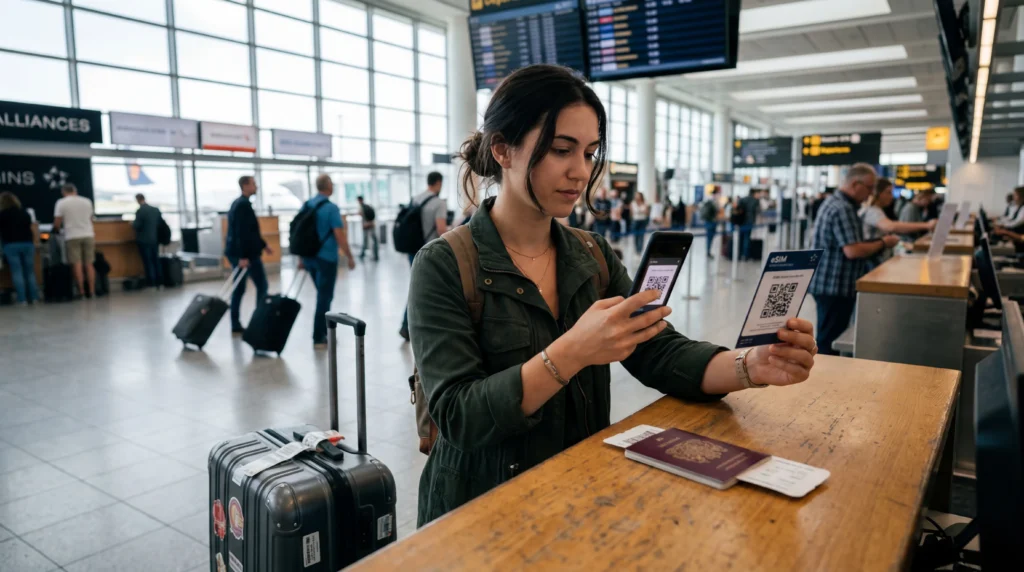 traveler installing esim before travel using qr code with luggage