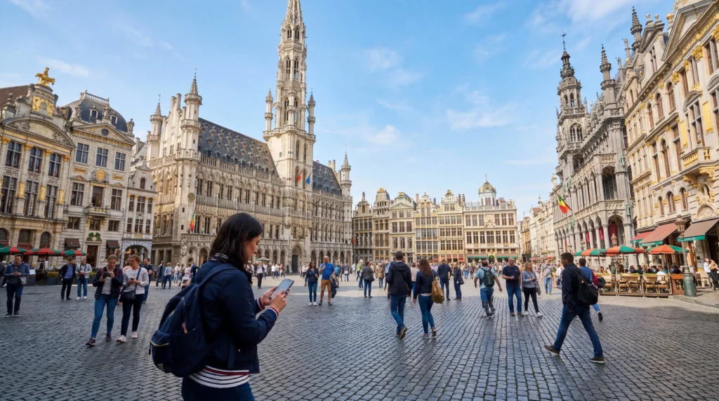 tourist using mobile internet esim in brussels belgium grand place