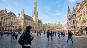 tourist using mobile internet esim in brussels belgium grand place