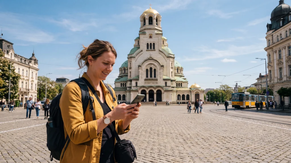 tourist using esim mobile internet in sofia bulgaria city center