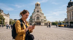 tourist using esim mobile internet in sofia bulgaria city center
