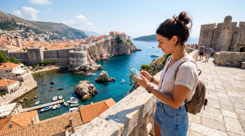tourist using esim mobile internet in dubrovnik croatia old town