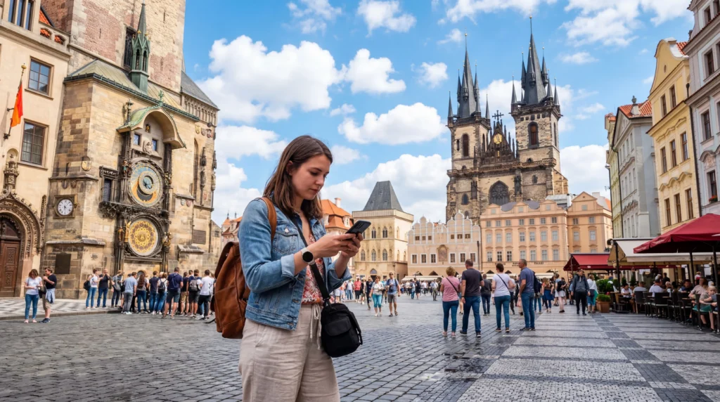 tourist using mobile internet esim in prague old town square czech republic