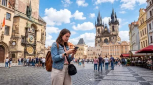 tourist using mobile internet esim in prague old town square czech republic