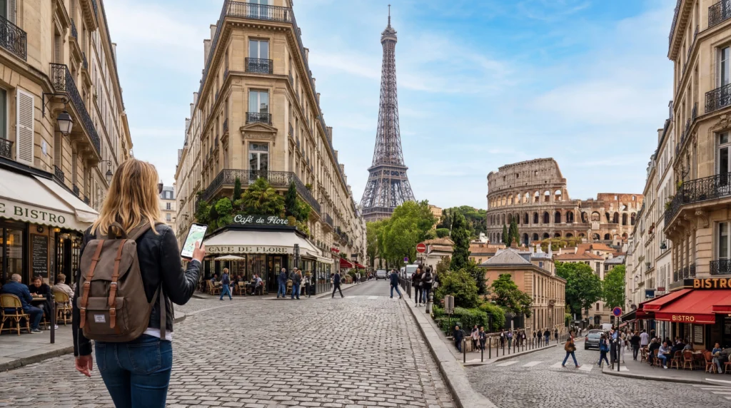 tourist using mobile internet esim while traveling across europe landmarks