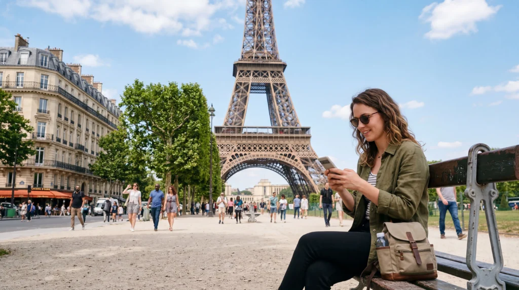 tourist using mobile internet esim in paris france near eiffel tower