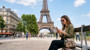 tourist using mobile internet esim in paris france near eiffel tower