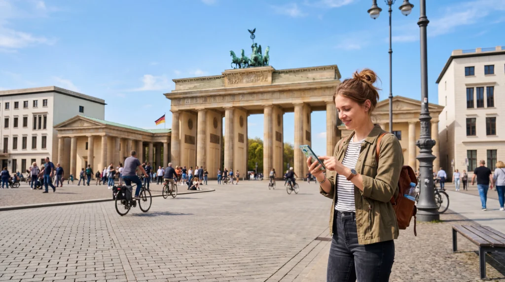 tourist using mobile internet esim in berlin germany near brandenburg gate