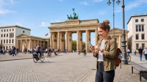 tourist using mobile internet esim in berlin germany near brandenburg gate