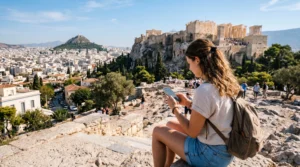 tourist using mobile internet esim in athens greece near acropolis