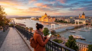 tourist using mobile internet esim in budapest hungary with parliament and danube river