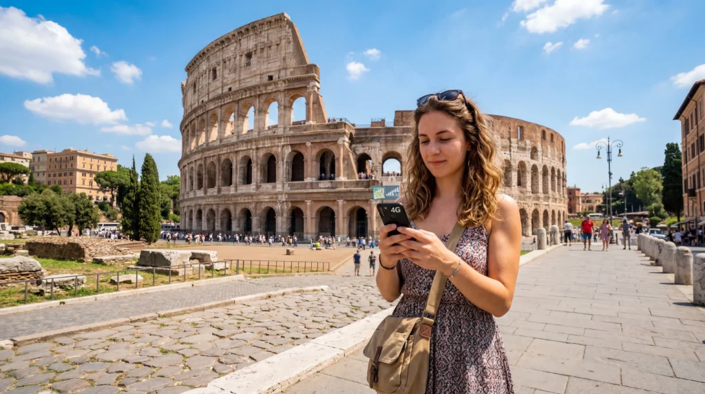tourist using mobile internet esim in rome italy near colosseum