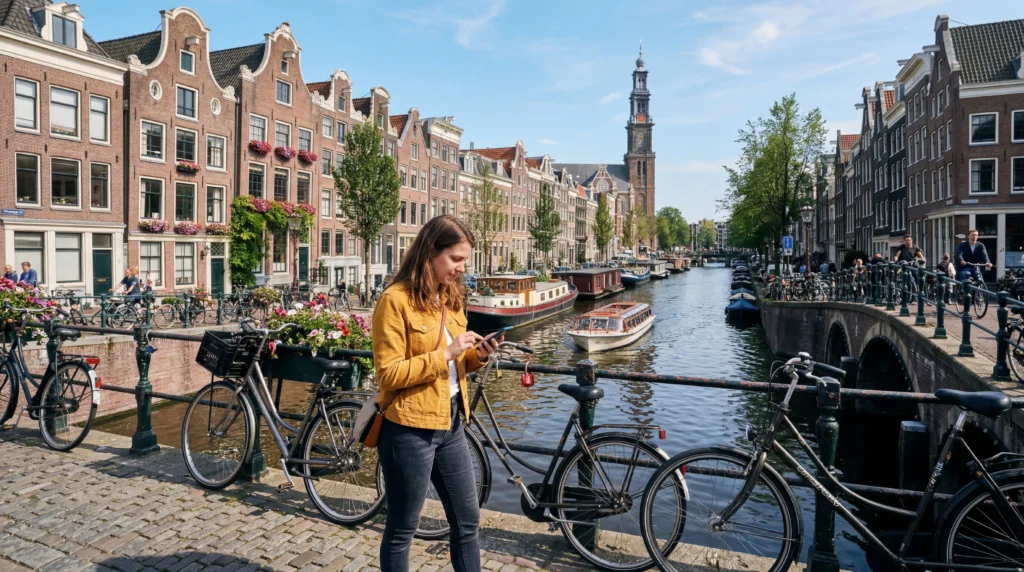 tourist using mobile internet esim in amsterdam netherlands near canals