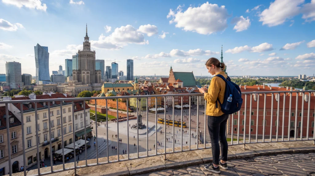 tourist using mobile internet esim in warsaw poland city center