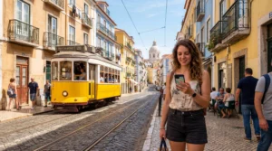 tourist using mobile internet esim in lisbon portugal with tram and colorful buildings