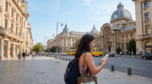 tourist using esim mobile internet in bucharest romania city center