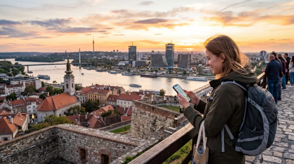 tourist using esim mobile internet in belgrade serbia city center
