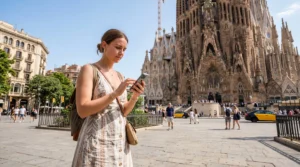 tourist using mobile internet esim in barcelona spain near sagrada familia