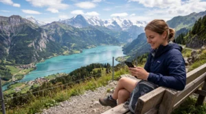 tourist using mobile internet esim in switzerland with mountains and lake