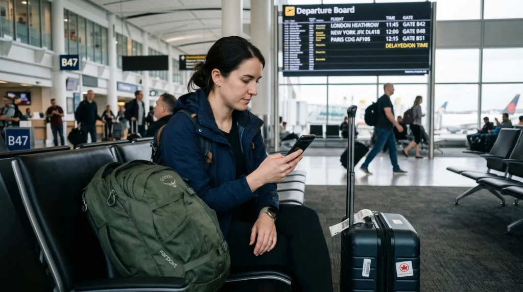 Traveler checking mobile data usage statistics on smartphone during international trip.