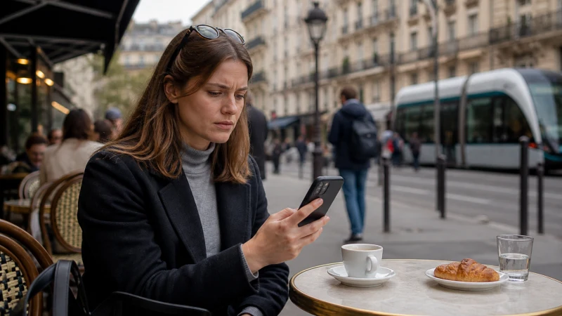 Traveller checking a smartphone at a European street café.