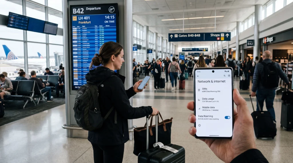 Smartphone mobile network settings showing data roaming enabled for an eSIM connection.