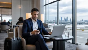 Business traveller using a smartphone and laptop in a European airport lounge.