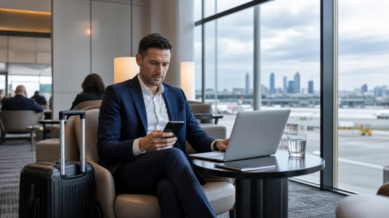 Business traveller using a smartphone and laptop in a European airport lounge.