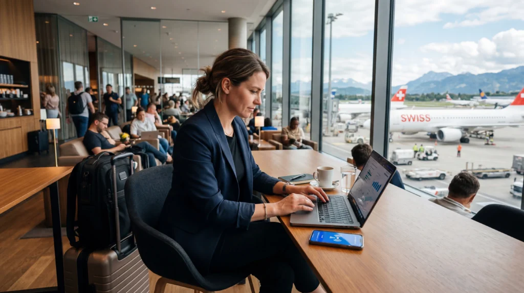 business traveler using laptop and esim mobile internet in europe airport lounge