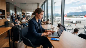 business traveler using laptop and esim mobile internet in europe airport lounge