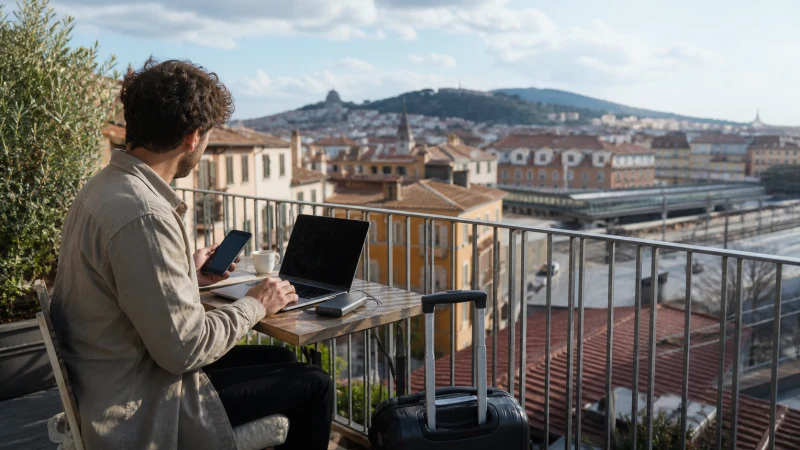 Digital nomad working with a laptop and smartphone on a European terrace.