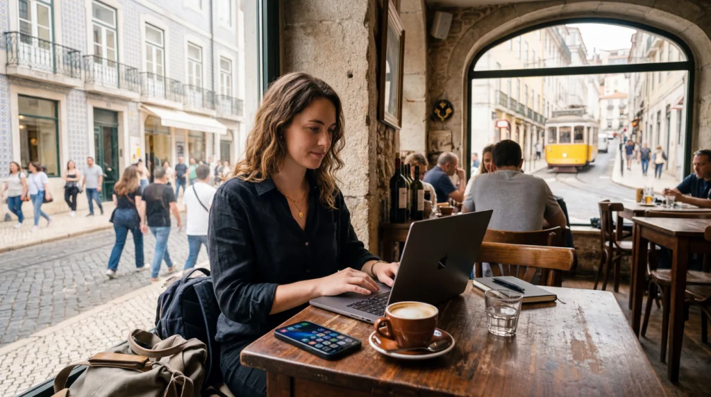 digital nomad working on laptop using esim mobile internet in europe cafe