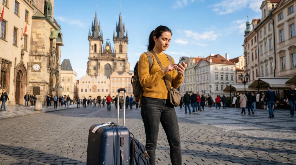 tourists using smartphones with eSIM mobile internet while traveling across Europe
