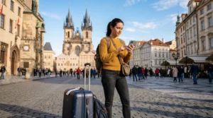 tourists using smartphones with eSIM mobile internet while traveling across Europe