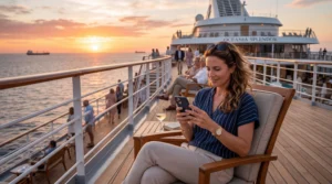traveler using esim mobile internet on cruise ship deck at sunset