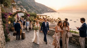 destination wedding travelers using mobile internet abroad at luxury seaside venue