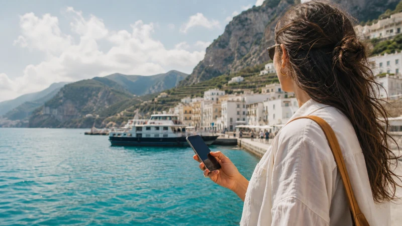 Traveller using a smartphone beside a European island ferry port.