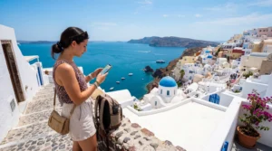tourist using esim mobile internet on european island santorini greece