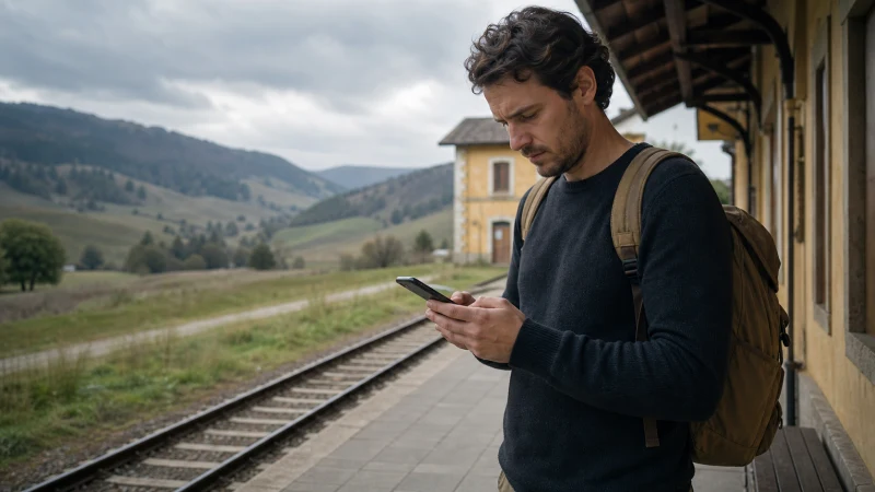 Traveller troubleshooting a smartphone at a rural European station.