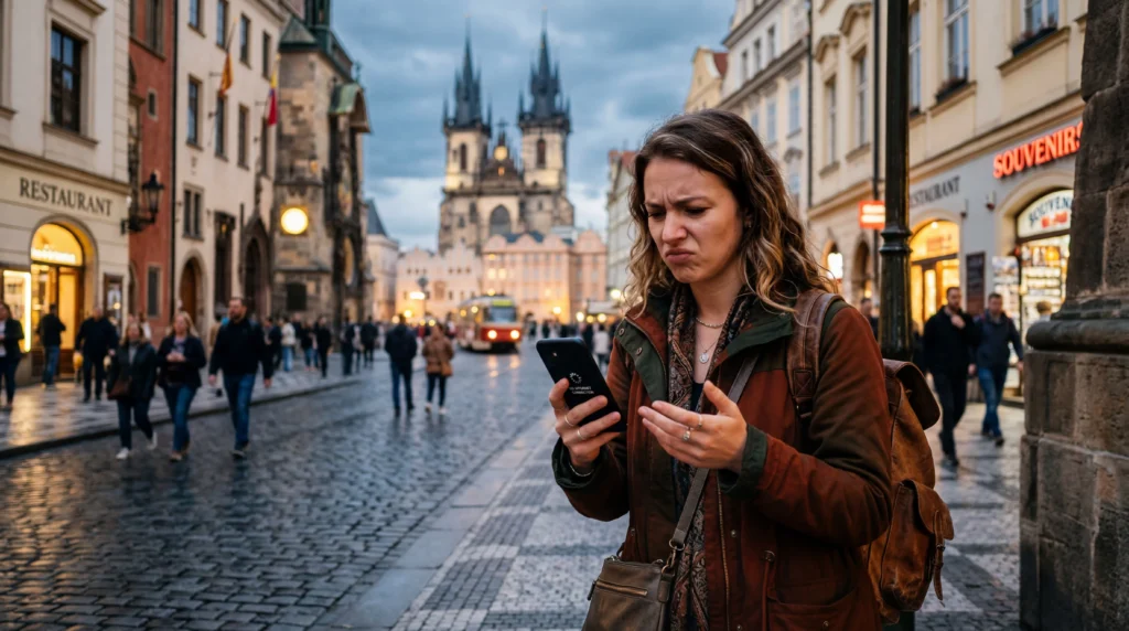 traveler in europe with smartphone showing no signal esim not working