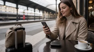 Traveller comparing a smartphone and pocket Wi-Fi device at a European station.